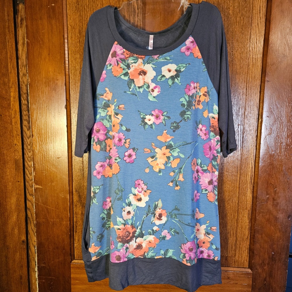 Cool Melon Tunic Top Womens L Blue Pink Floral Raglan 3/4 Sleeve Pockets